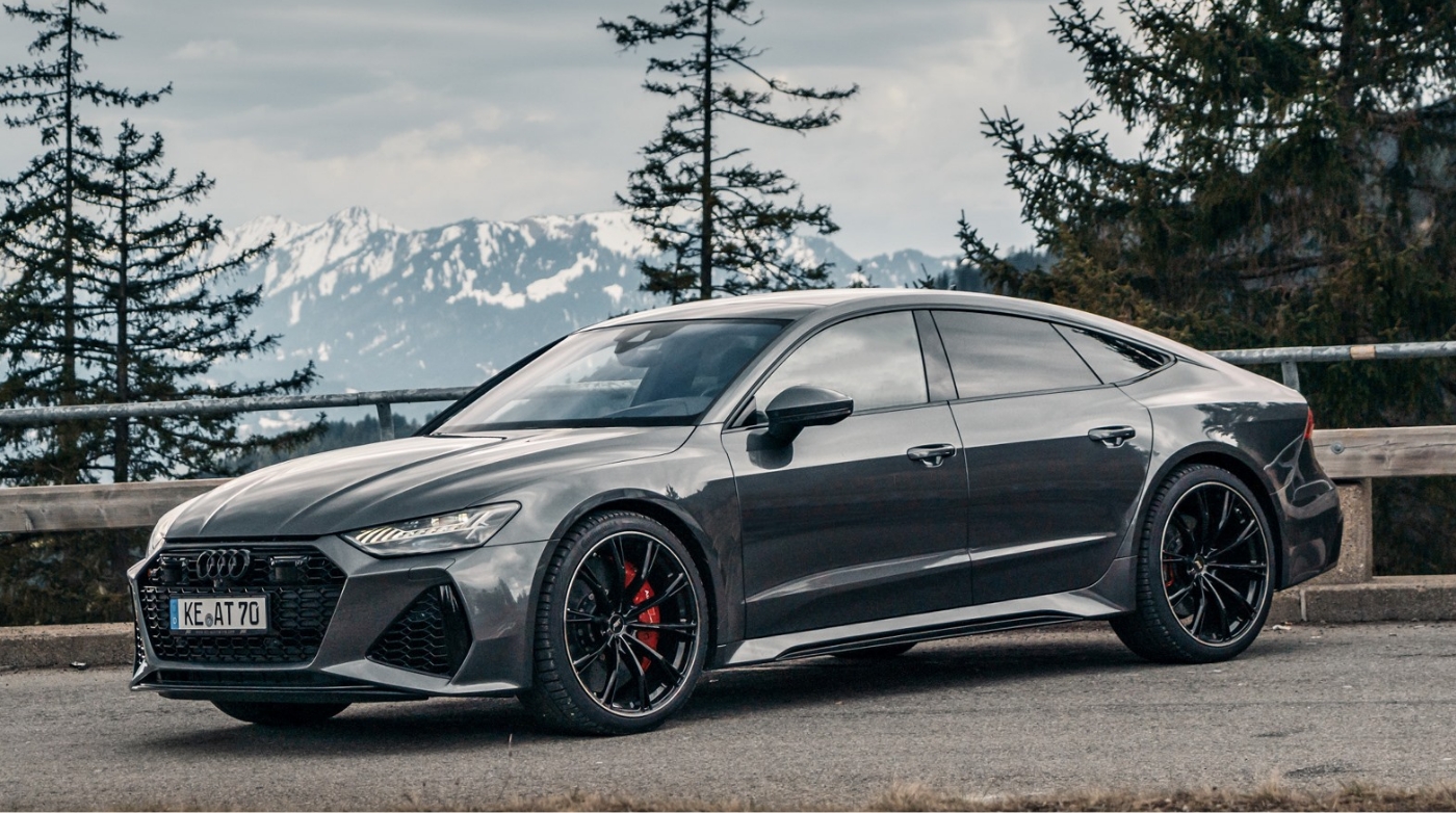Grey ABT enhanced Audi RS7 photographed on an alpine road